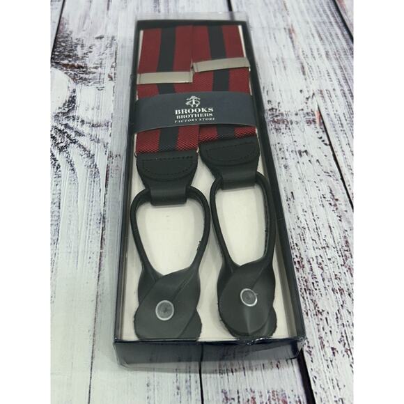 NEW Brooks Brothers Mens Red Navy Striped Adjustable Braces Suspenders Leather - Picture 2 of 7